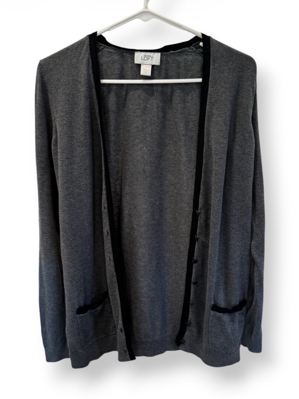 LOFT Gray Open-Front Cardigan with Black Trim